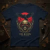The Raven and the Skull t-shirt design featuring a raven perched on a skull with red eyes and a red