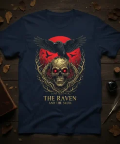 The Raven and the Skull t-shirt design featuring a raven perched on a skull with red eyes and a red