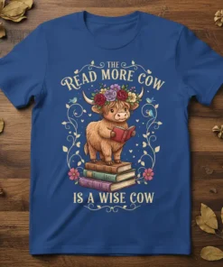 The Read More Cow Is A Wise Cow text with a cute highland cow reading a book on a stack