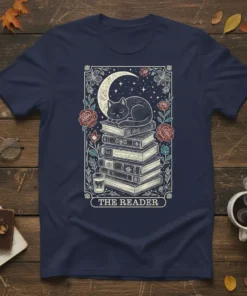 The Reader t-shirt design with a sleeping black cat on stacked books, crescent moon, stars, and floral border