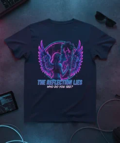 The Reflection Lies Who Do You See? quote on a navy t-shirt with a neon graphic of a woman looking