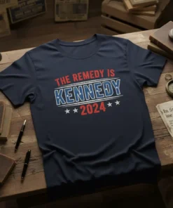 Navy blue t-shirt with red and white text "THE REMEDY IS KENNEDY 2024" and star accents