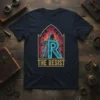 The Resist t-shirt design featuring a bold blue 'R' symbol within a stained-glass style arch and the text 'THE RESIST'