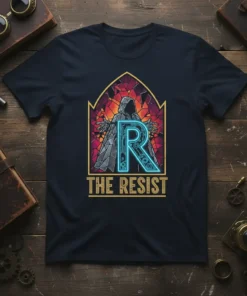 The Resist t-shirt design featuring a bold blue 'R' symbol within a stained-glass style arch and the text 'THE RESIST'