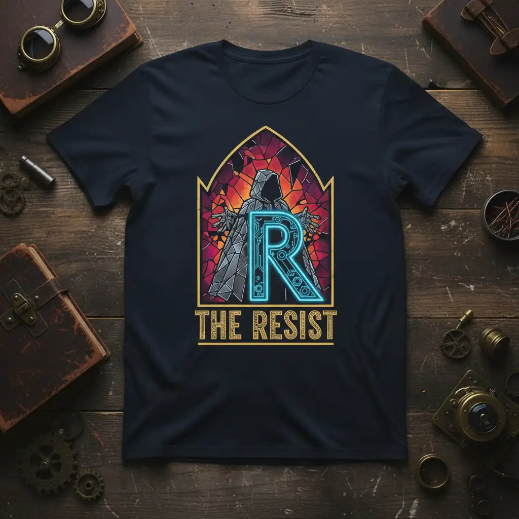 The Resist graphic tee with glowing blue R symbol and bold typography, perfect for sci-fi fans