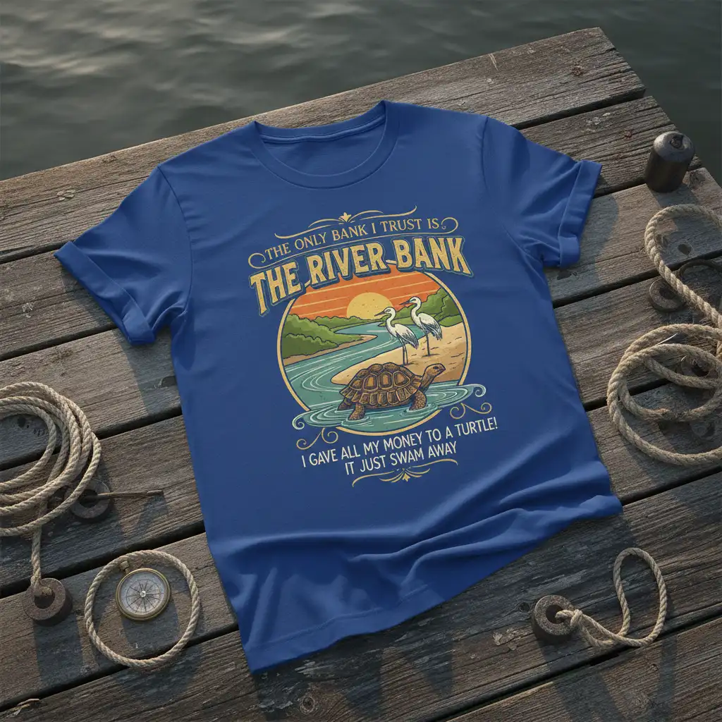 The Only Bank I Trust Is The River-Bank quote design with turtle and cranes graphic, funny finance humor tee