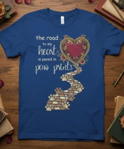 T-shirt with the quote "the road to my heart is paved in paw prints" and a decorative heart with a