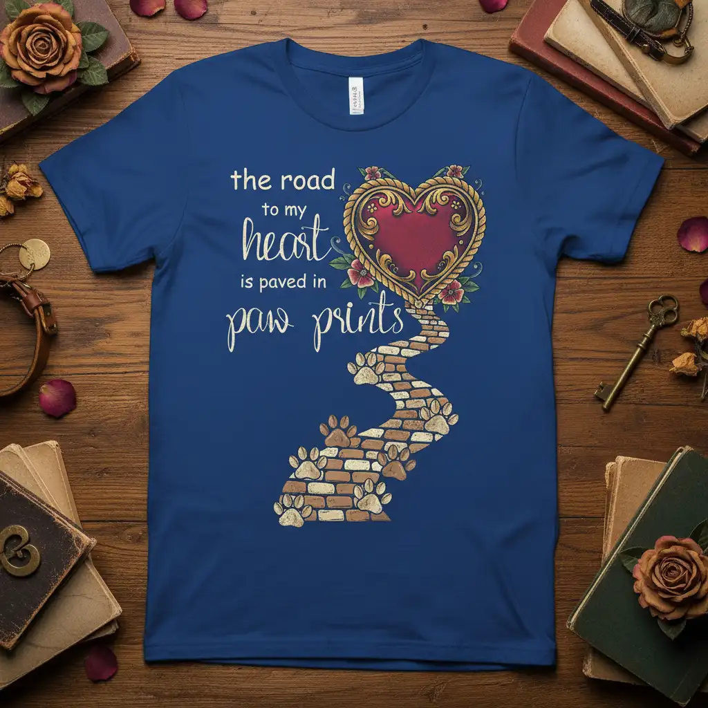 The road to my heart is paved in paw prints quote on a t-shirt with a heart and paw print path graphic