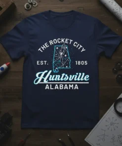 Navy blue t-shirt featuring "The Rocket City Est. 1805 Huntsville Alabama" text with a rocket graphic inside an outline of