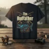 The Rodfather fishing t-shirt design with a skeleton fish wearing a hat and crossed fishing rods