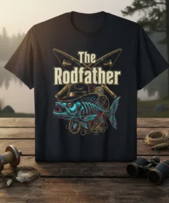 The Rodfather fishing t-shirt design with a skeleton fish wearing a hat and crossed fishing rods