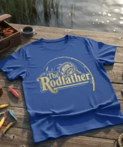 The Rodfather fishing quote on a blue t-shirt with a vintage fishing reel and hook graphic