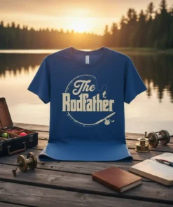 Blue t-shirt with "The Rodfather" text in distressed font and fishing rod graphic
