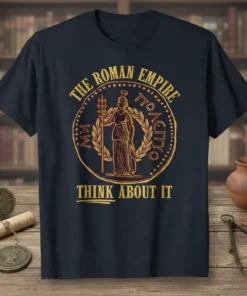 The Roman Empire Think About It t-shirt with a gold-like circular design featuring a Roman-style figure and laurel wreath