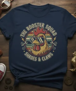 The Rooster Squad Shades & Claws t-shirt design featuring a cool rooster wearing sunglasses and vintage stripes