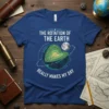 The Rotation of the Earth Really Makes My Day t-shirt with planet cutaway and moon graphic