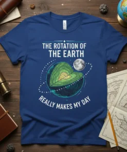 The Rotation of the Earth Really Makes My Day t-shirt with planet cutaway and moon graphic
