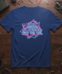 The Sarcast Is Strong With This One quote in neon retro font on a blue t-shirt