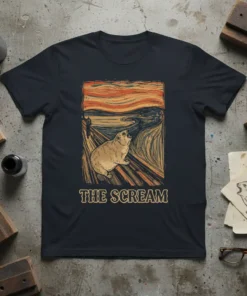 The Scream beaver t-shirt design featuring a beaver in Edvard Munch's iconic pose and "The Scream" text below