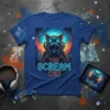 The Scream Cat t-shirt design with a neon black cat screaming, surrounded by cyber city lights and digital code accents