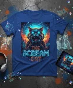 The Scream Cat t-shirt design with a neon black cat screaming, surrounded by cyber city lights and digital code accents