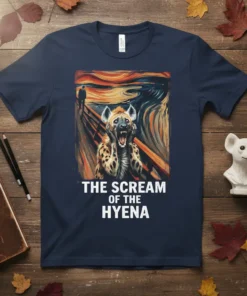 The Scream of the Hyena t-shirt design featuring a hyena in a distressed pose, mimicking Munch's famous painting