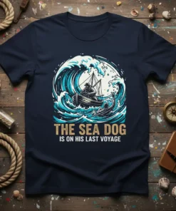 The Sea Dog Is On His Last Voyage quote with a boat in a wave graphic on a navy t-shirt