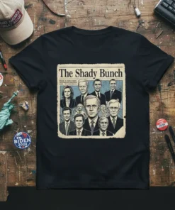 The Shady Bunch political satire t-shirt design featuring a collage of politicians in a newspaper layout