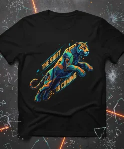 Geometric jaguar leaping with "THE SHIFT IS COMING" text on a black t-shirt