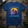 The sky was yellow and THE SUN was BLUE text with tie-dye hand and bird graphic on blue t-shirt