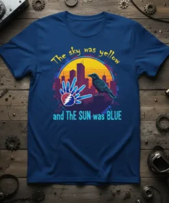 The sky was yellow and THE SUN was BLUE text with tie-dye hand and bird graphic on blue t-shirt
