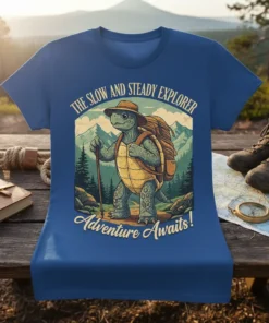 The Slow and Steady Explorer Adventure Awaits t-shirt design featuring a cartoon turtle hiker with a backpack and walking stick