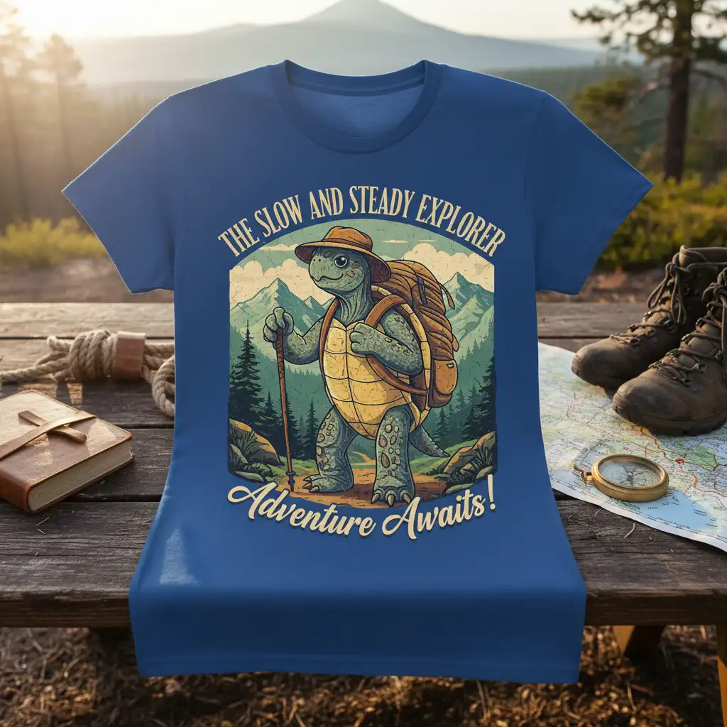 The Slow and Steady Explorer Adventure Awaits t-shirt featuring a smiling turtle hiker with a backpack and walking stick in a mountain