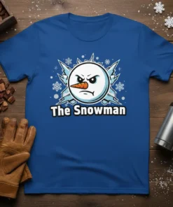 The Snowman t-shirt design featuring a grumpy snowman face with a carrot nose and ice shards