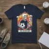 The Soccer Mom text on a t-shirt featuring a skeleton holding a soccer ball and a coffee cup