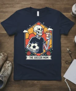 The Soccer Mom text on a t-shirt featuring a skeleton holding a soccer ball and a coffee cup