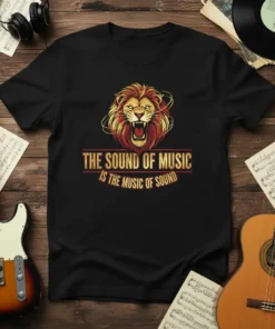 Black t-shirt with "The Sound of Music Is The Music Of Sound" text and a roaring lion graphic, perfect for