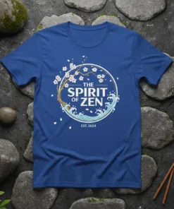 The Spirit of Zen t-shirt design featuring cherry blossoms, waves, and text in a circular emblem
