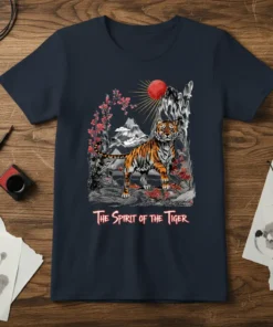 The Spirit of the Tiger t-shirt design with a majestic tiger, cherry blossoms, and mountains