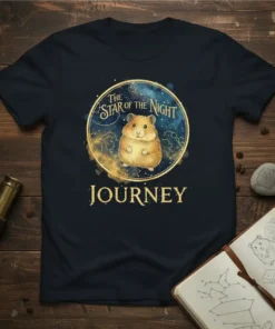 The Star of the Night Journey t-shirt with a cute hamster in a celestial circle and golden text