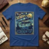 The Starry Night airplane graphic tee featuring a biplane flying over a village under a starry sky