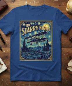 The Starry Night airplane graphic tee featuring a biplane flying over a village under a starry sky