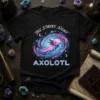 The Starry Night Axolotl T-Shirt featuring a pink axolotl in a swirling galaxy with stars and moons