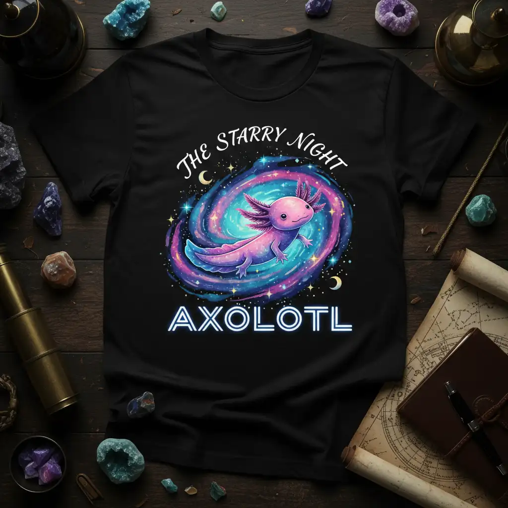 The Starry Night Axolotl design featuring a cute axolotl swimming through a vibrant galaxy with stars and moons