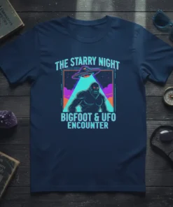 The Starry Night Bigfoot & UFO Encounter t-shirt design featuring Bigfoot and a UFO in a vibrant night sky