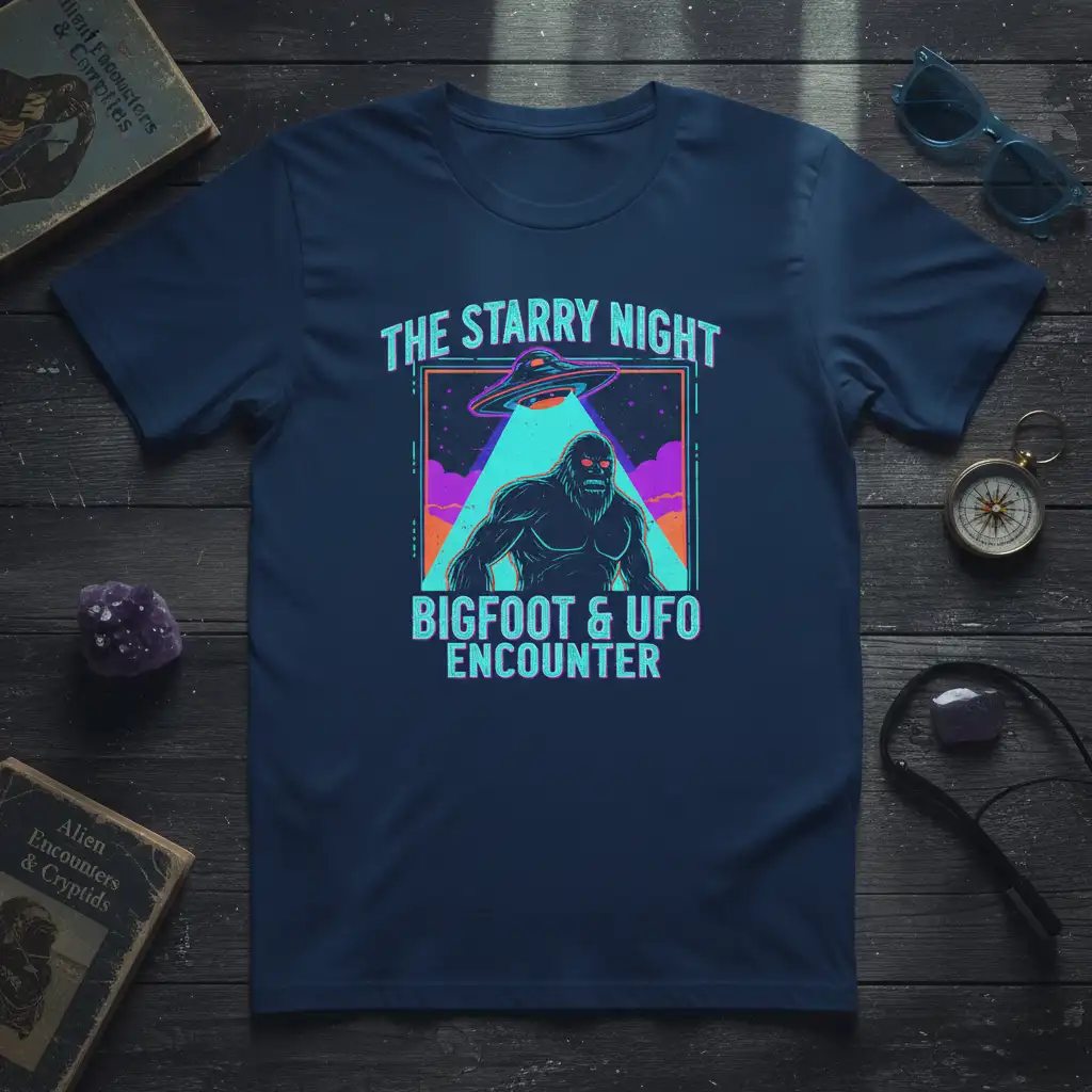 The Starry Night Bigfoot & UFO Encounter graphic tee with Bigfoot and UFO in neon colors