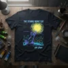 The Starry Night Cat t-shirt design featuring a geometric cat reaching for a swirling yellow moon, inspired by Van Gogh