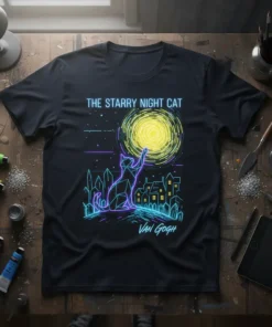 The Starry Night Cat t-shirt design featuring a geometric cat reaching for a swirling yellow moon, inspired by Van Gogh