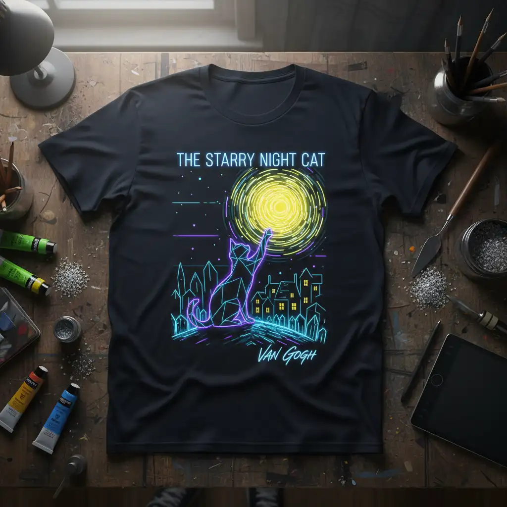 Geometric cat reaching for swirling yellow moon on The Starry Night Cat t-shirt, Van Gogh inspired art