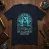 The Starry Night Creature T-Shirt featuring a glowing blue lemur-like animal in a celestial, Art Nouveau-inspired frame